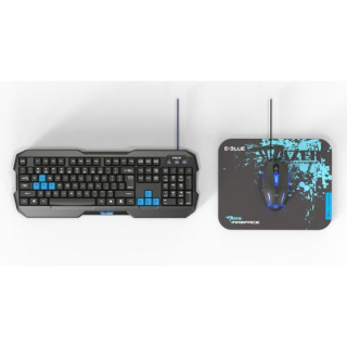 Klávesnica E-Bleu s myškou Cobra II, US, herná, a podložkou Mazer Marface S typ drôtová (USB), čierno-modrá